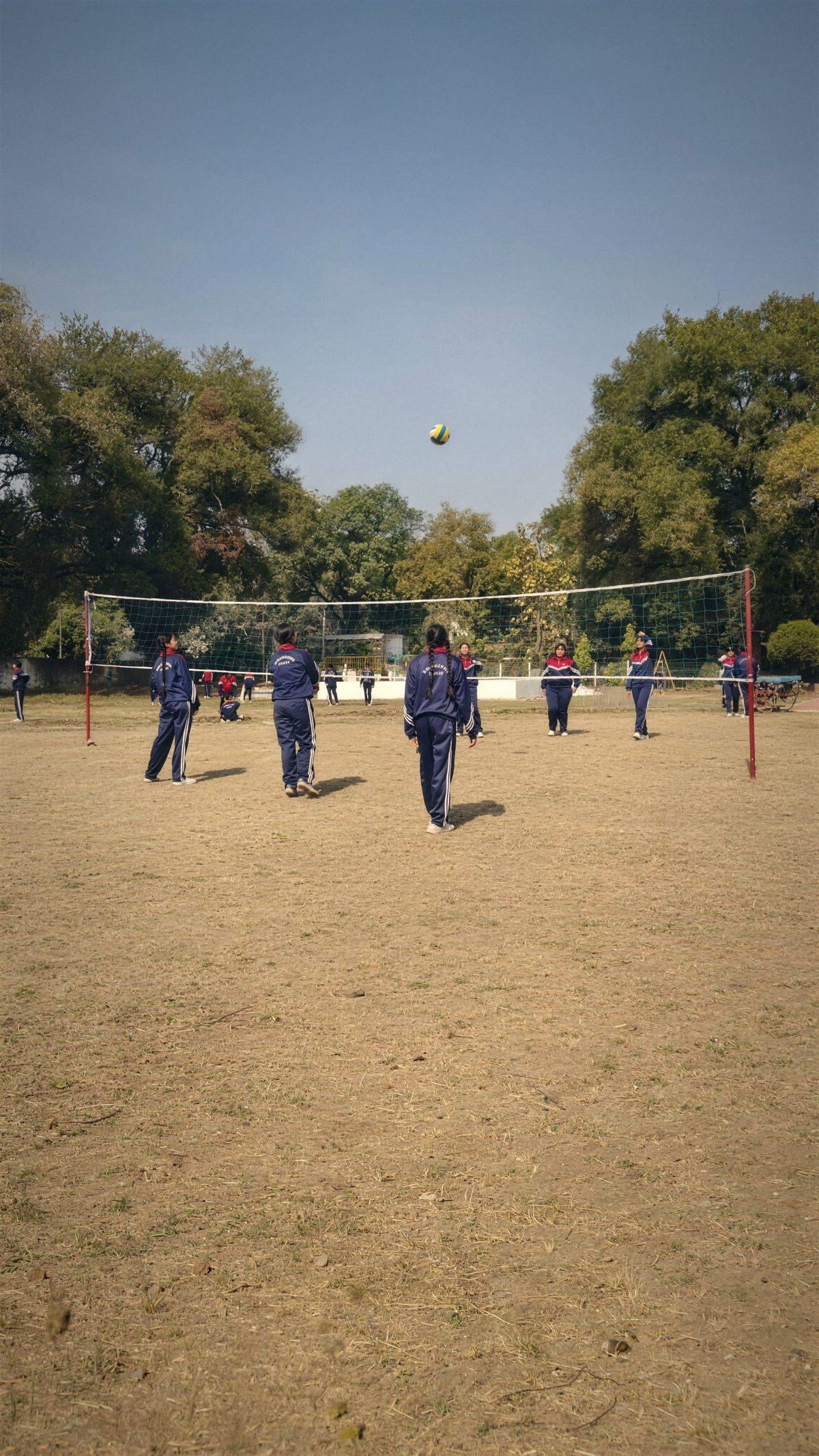 A volleyball rally on the school playground